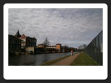 Gainsborough Primary School on the left of the Lee Navigation Canal, with a new build development in the distance, and the Olympic site on the right. 